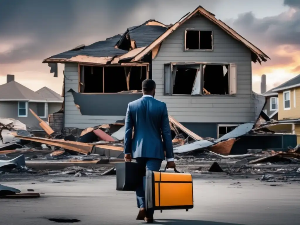 A person standing outside their damaged home, holding a briefcase and wearing a suit