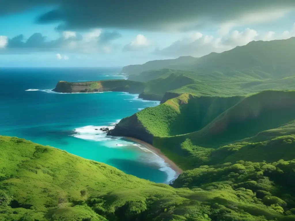 D- A magnificent aerial view of Puerto Rico's coastline, captured in stunning cinematic style, with turquoise ocean, verdant cliffs, and rocky islets in the distance