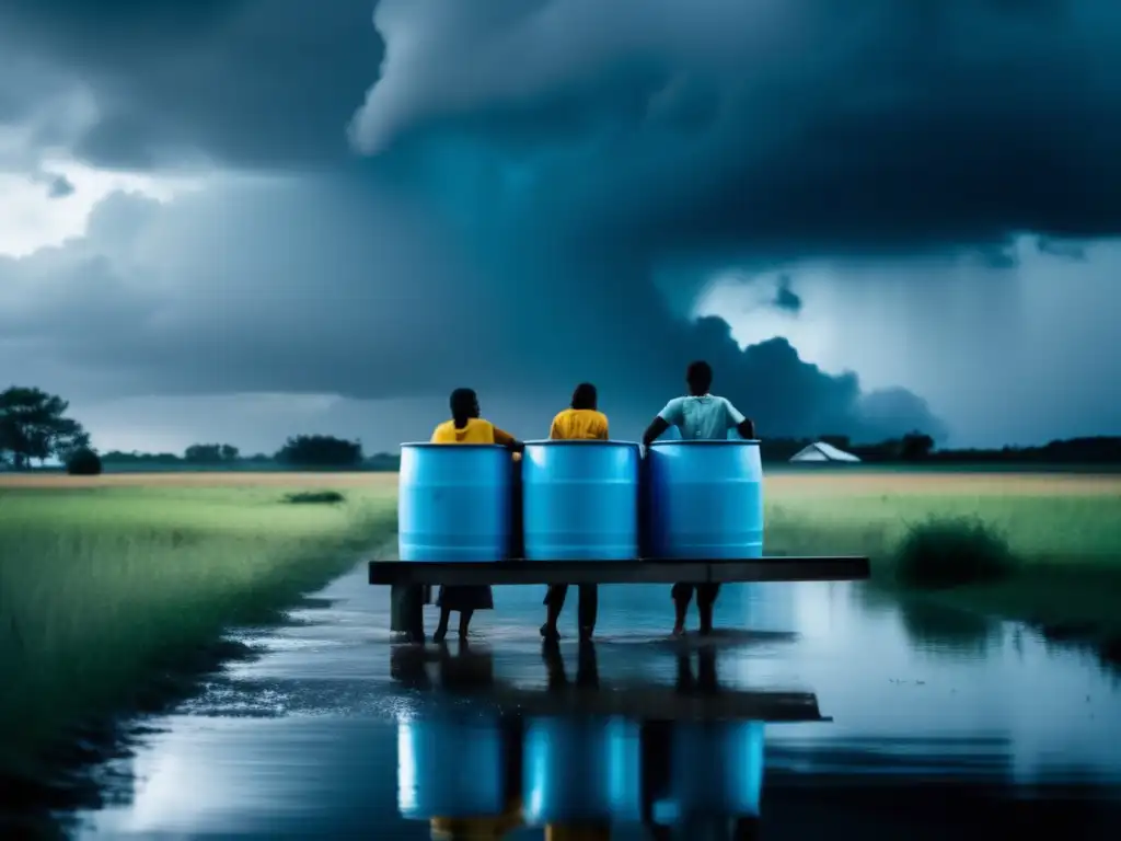 A family gathers rainwater in a blue barrel filter amidst a post-hurricane rural landscape