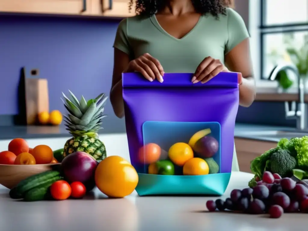 A clever and environmentally-conscious woman revels her clean kitchen, laden with purple compartments of fresh produce in a reusable silicone bag