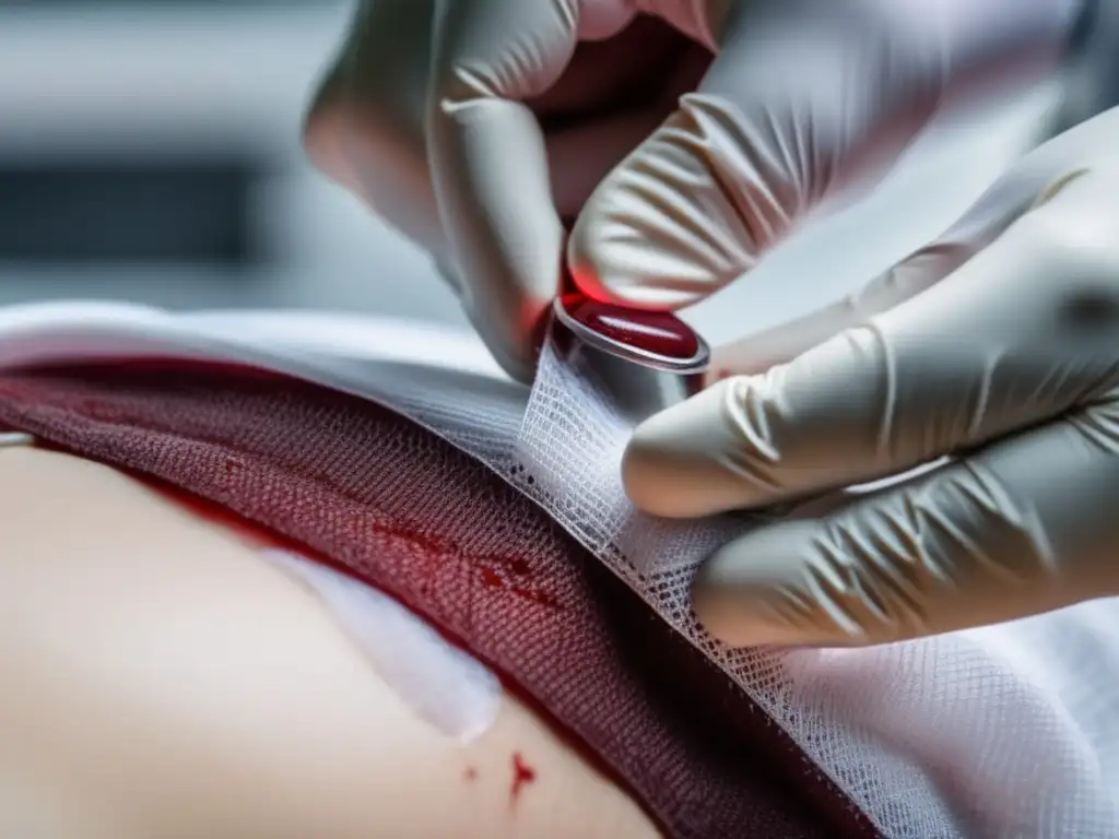 A closeup of a quickclotting gauze being applied to an injury, with a deep red blood stain visible in the center and a silver threaded stitch around the edges