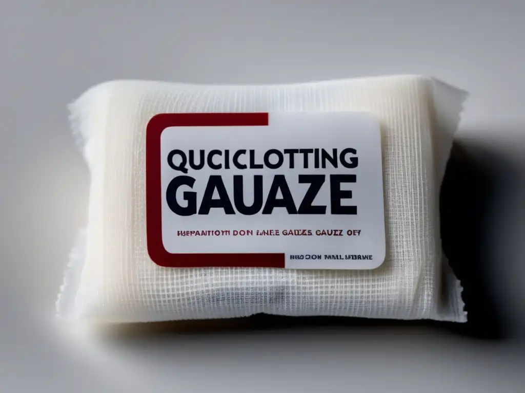 Close-up of QuickClotting gauze with visible pads against pristine white background, capturing lighting details