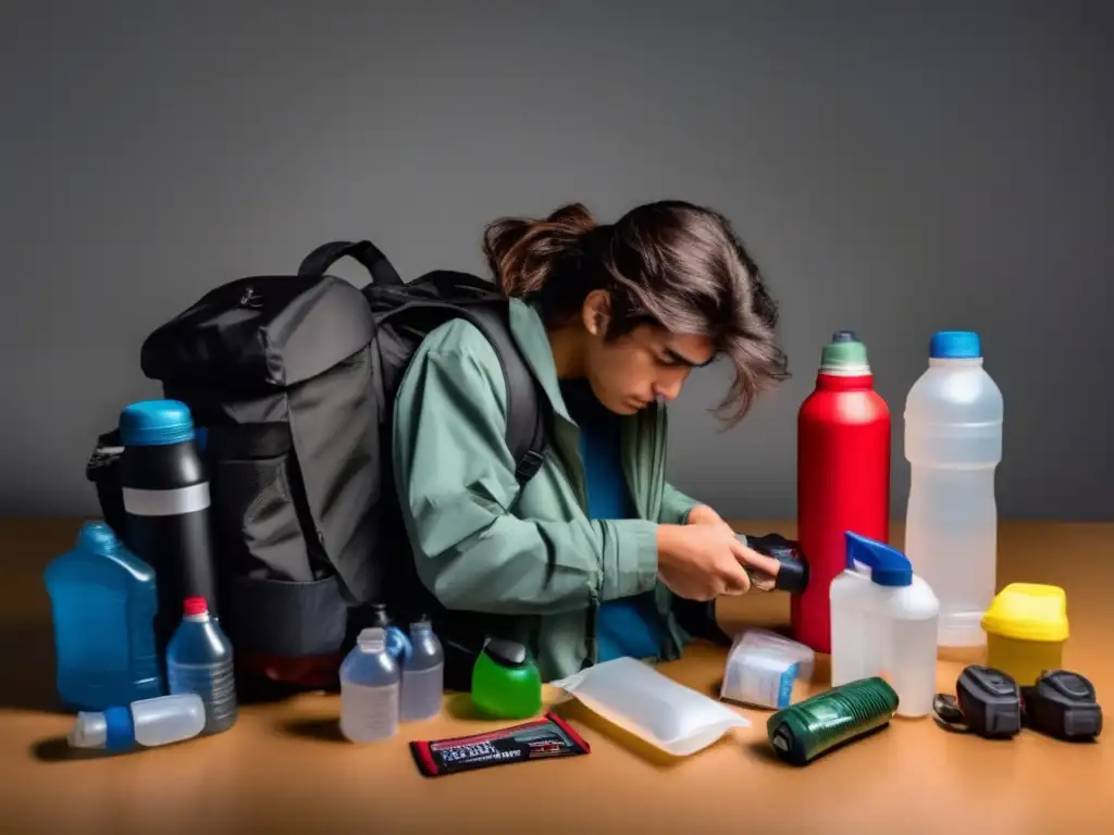 Person frantically packing backpack with essential supplies against dark background, conveying sense of urgency and opportunity