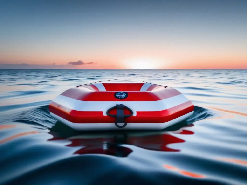 A serene photograph of the stern of a red and universallyap array life raft bobbing gently on the crystal-clear surface of the ocean