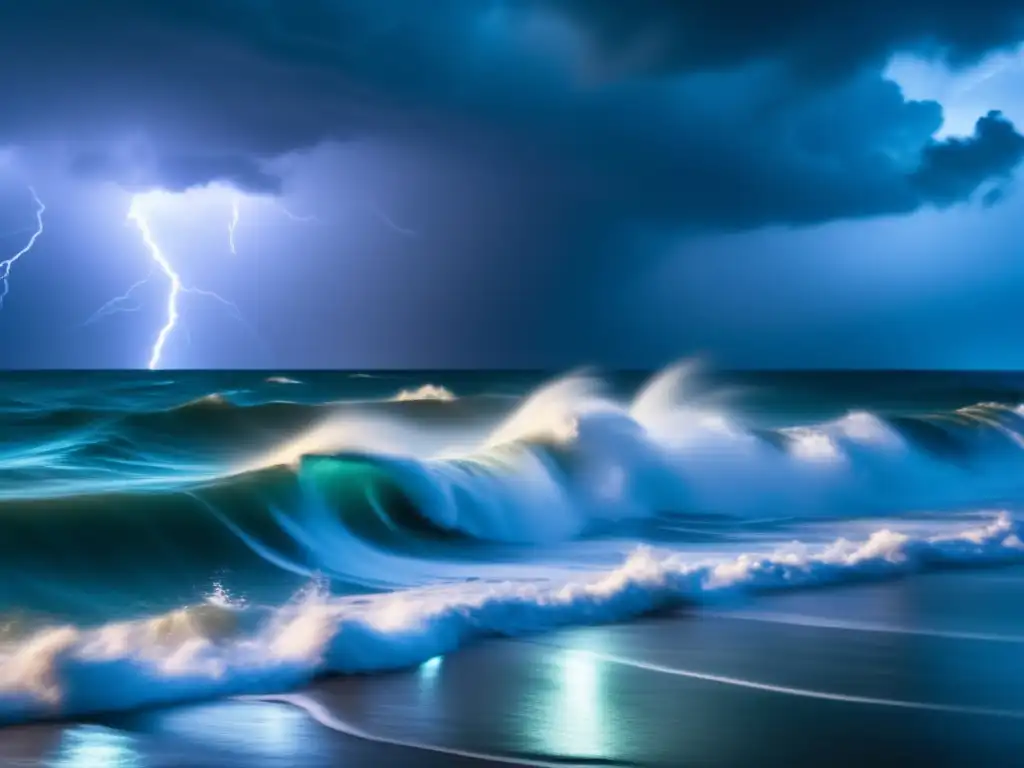 Dash- Cinematic style image of a stormy ocean, lightning ignites the sky, rain and thunder swirl in foreground