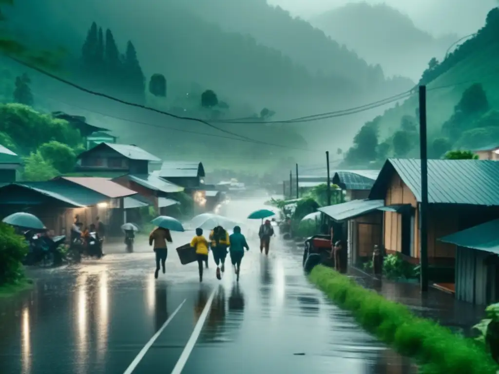 Amidst verdant forests and soaring peaks, a small town awakens to torrential rainfall