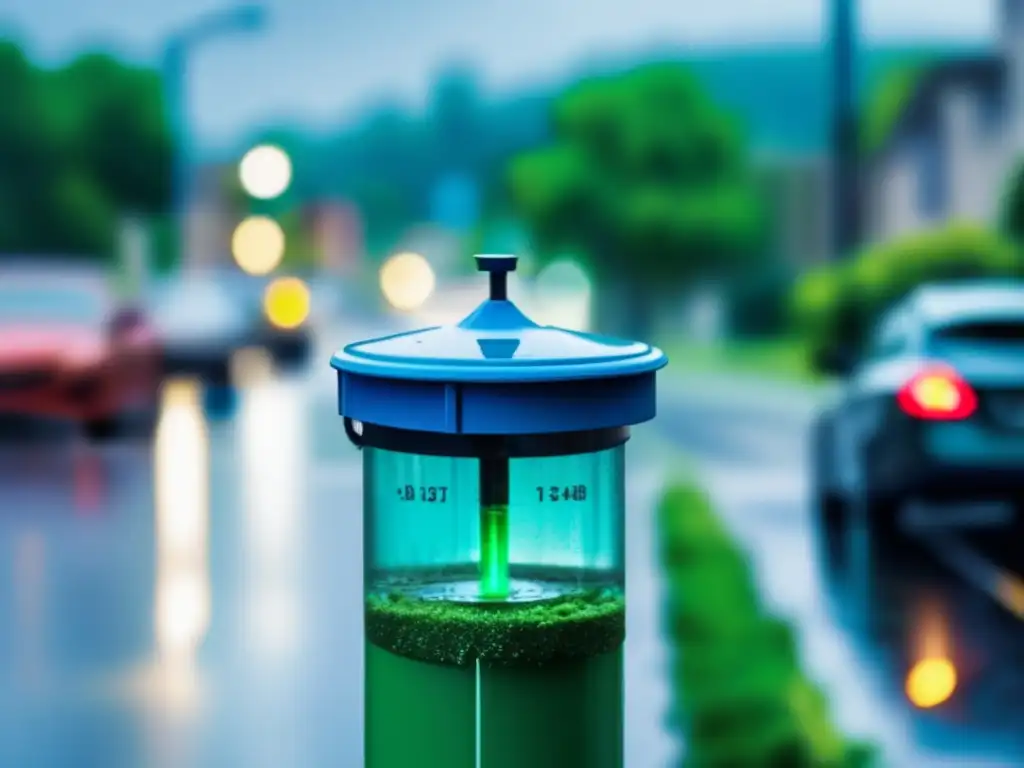 Rain gauge filled with rainwater in a rainy, stormy landscape surrounded by green vegetation and rain puddles on the road