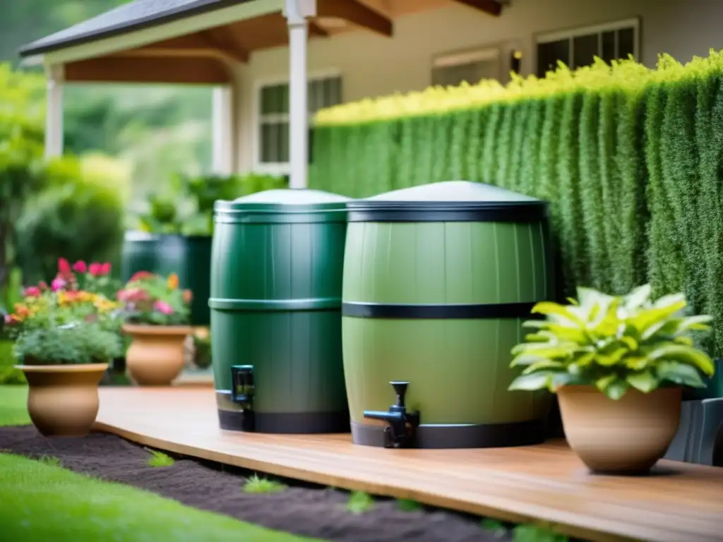 group-rain-barrels-lush-green-garden-sunlit-harvesting-water--