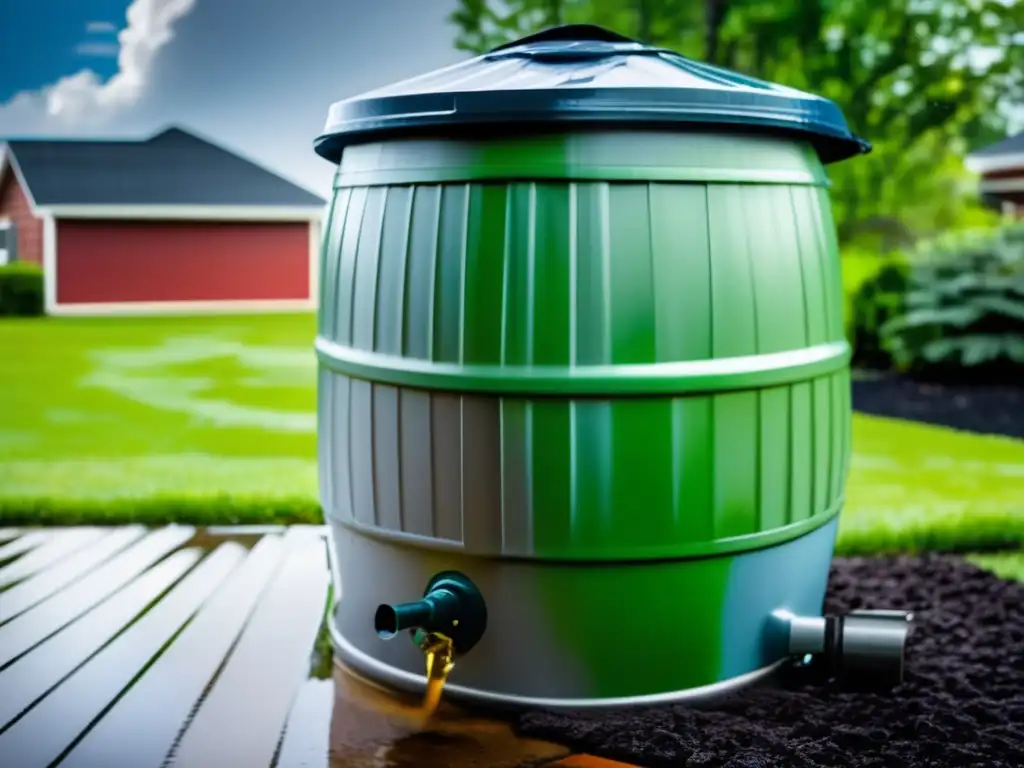 Dash: A stunning highresolution photo of a rain barrel in a hurricane backyard oasis, bravely defying the elemental forces of nature