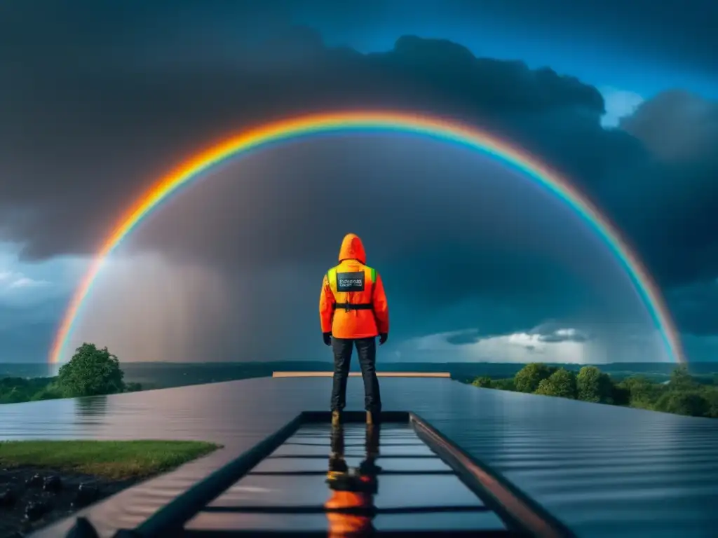 Amidst the chaos of a raging storm, a person stands tall on a rooftop, gazing up at a vibrant rainbow that pierces the dark grey sky