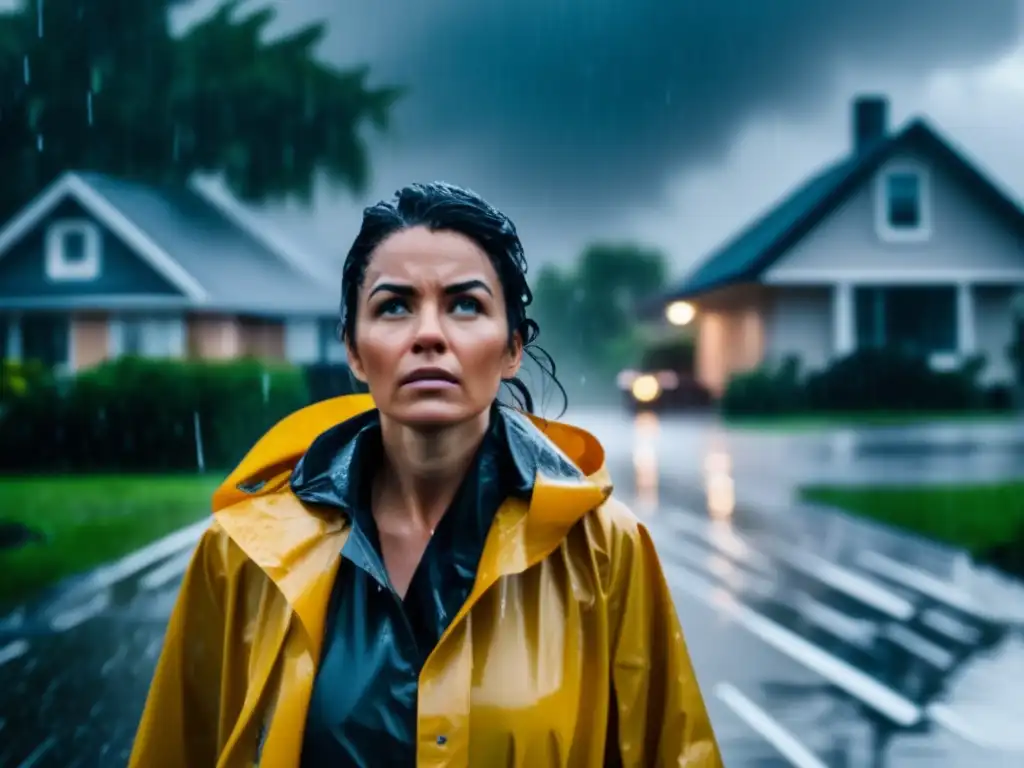 A determined woman stands tall in a storm, rain pouring down heavily, while wearing a heavy-duty raincoat