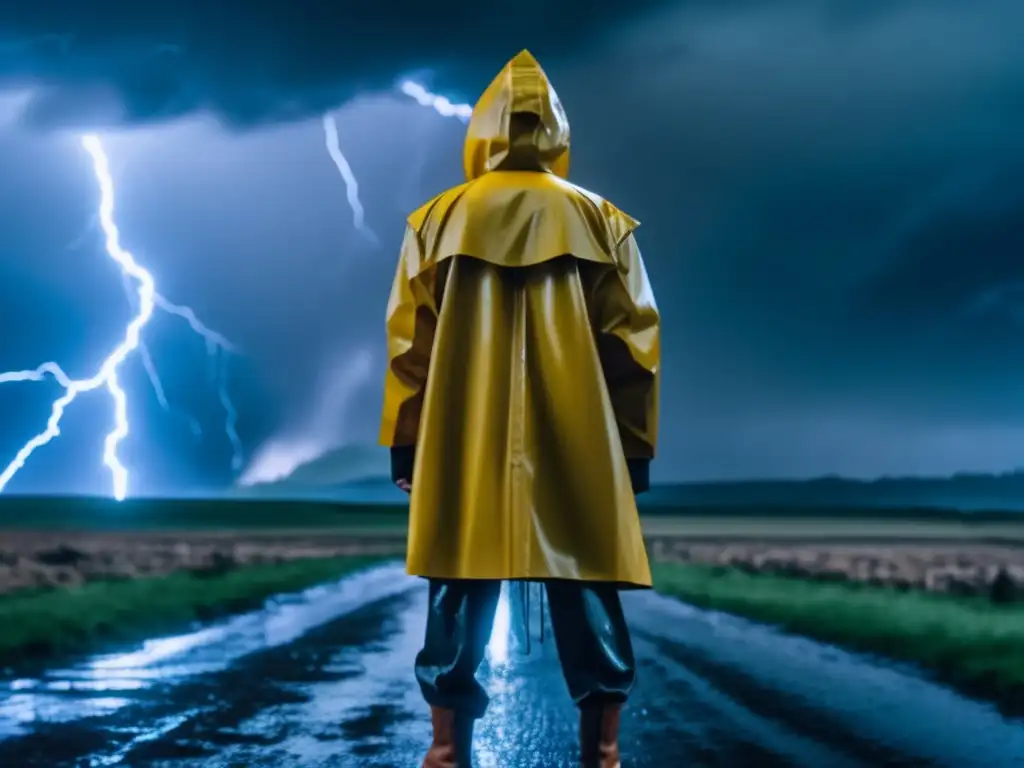 Amidst a stormy sky, a person in a vibrant raincoat stands tall, undeterred by lightning and rainfall, symbolizing resilience and determination