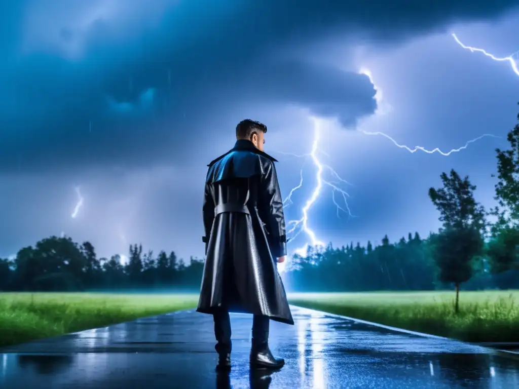 A person entrenched in a heavy rainstorm, glistening underneath a sleek, high-collared trench coat