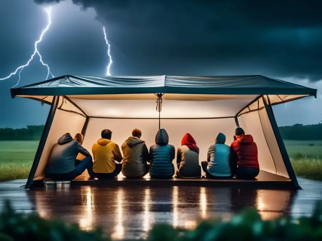 Huddled together under a makeshift shelter during a heavy rainstorm, lightning and thunder illuminate the background