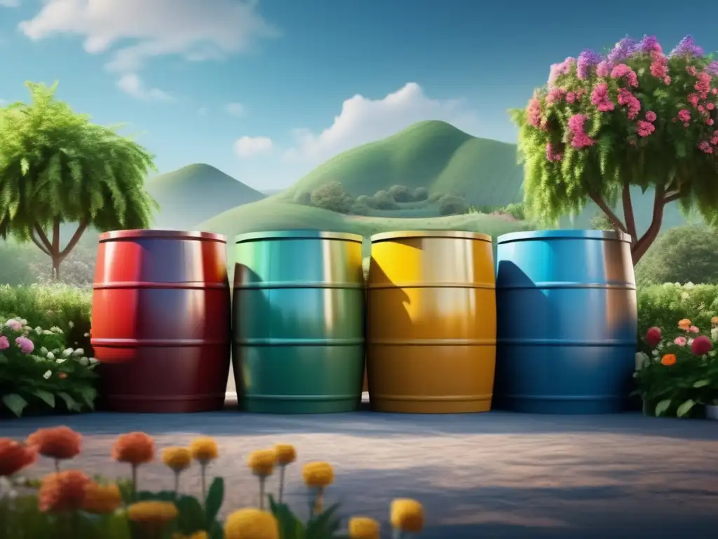 A captivating panorama of colorful rainwater collection barrels arranged with care, surrounded by vibrant flora and the tranquil beauty of nature