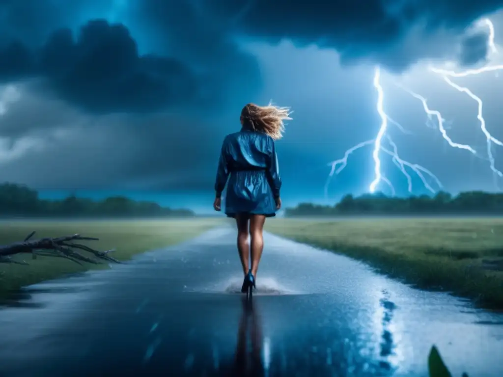 Dash: -A person in high heels stands strong amid fallen branches, balancing in the aftermath of a hurricane