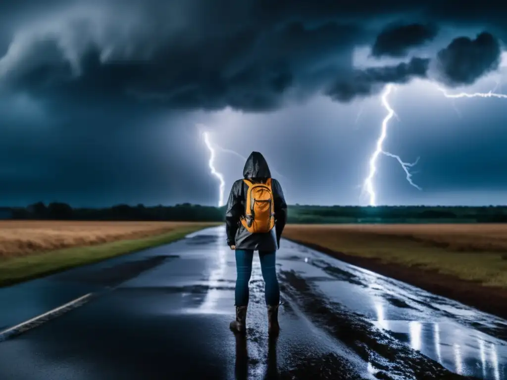 Through the lens of an all-weather camera, we witness a person braving the elements of a raging storm