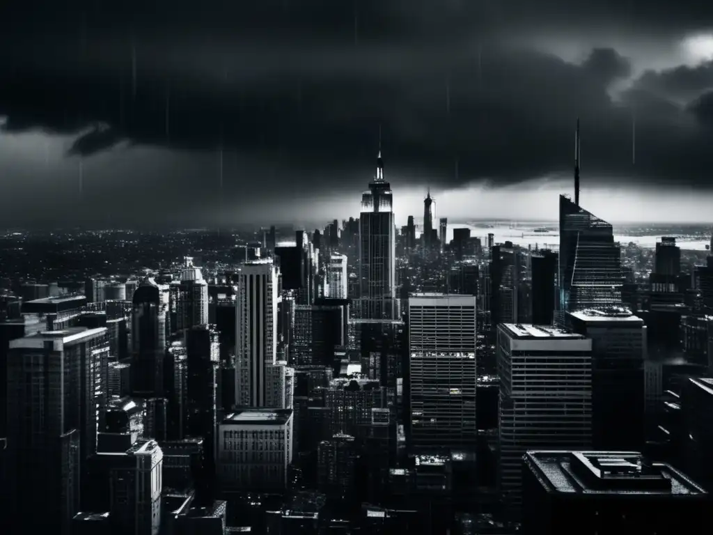 In this striking black and white image, a city skyline stands tall under the pouring rain