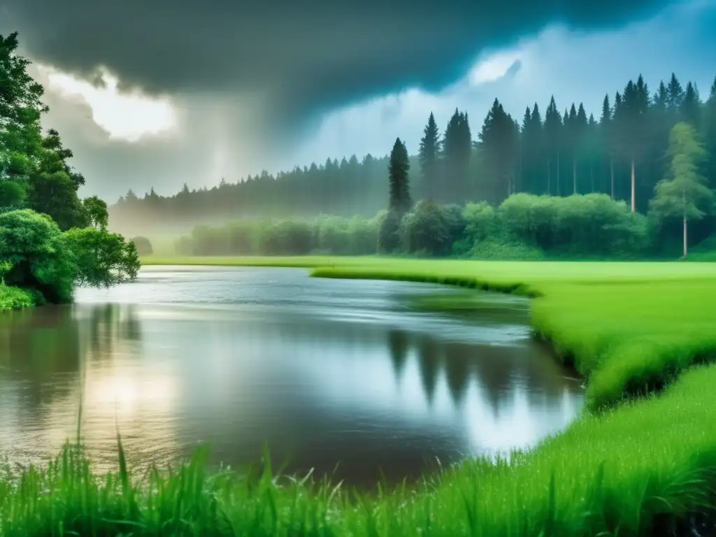 A breathtaking photo of a verdant field, framed by towering trees and kissed by raindrops