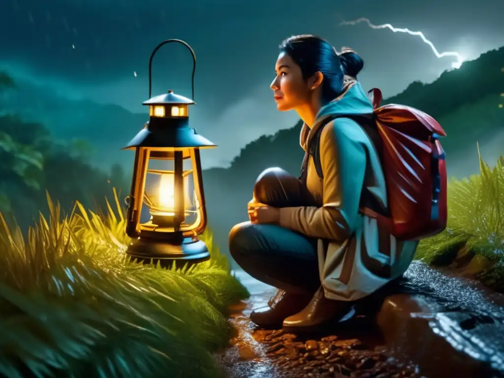 A touching scene of a mother and child carrying backpacks and a lantern, sitting on a wooded hillside in the midst of a torrential rainstorm