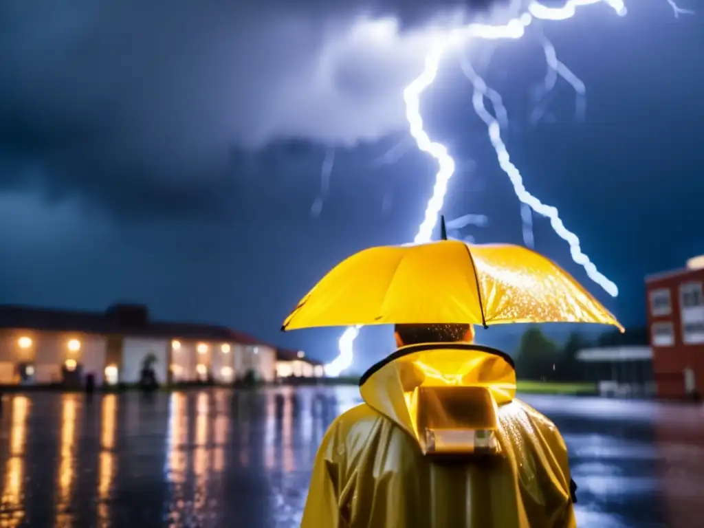 Amidst pouring rain and lightning flashes, a person stands determinedly, raincoat on, holding a zipper bag filled with waterproof matches