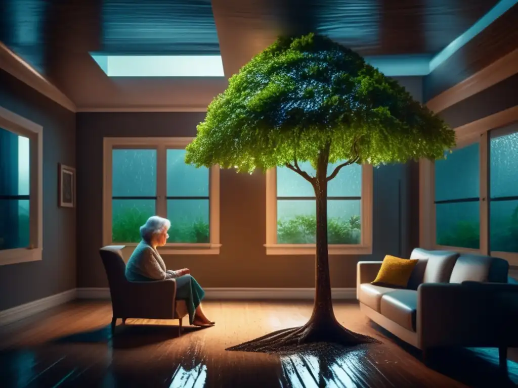 An elderly woman sits alone in a dimly lit living room, gazing out the window