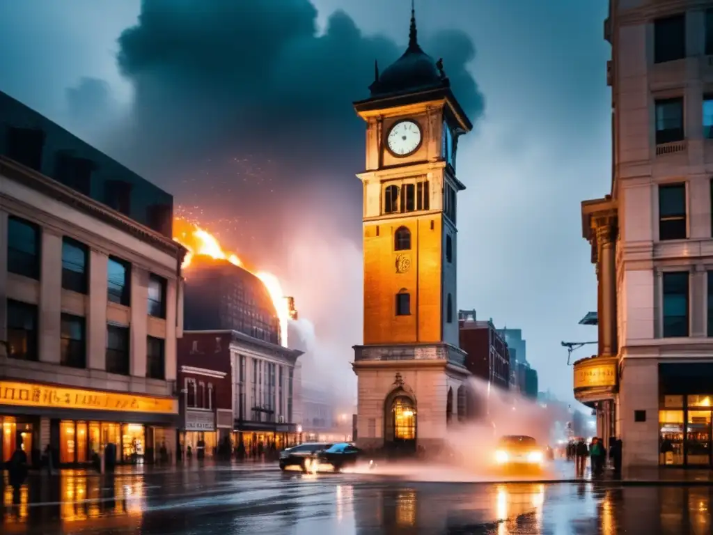 A weathered clock tower stands tall amidst a busy city street, drenched by a heavy rainstorm