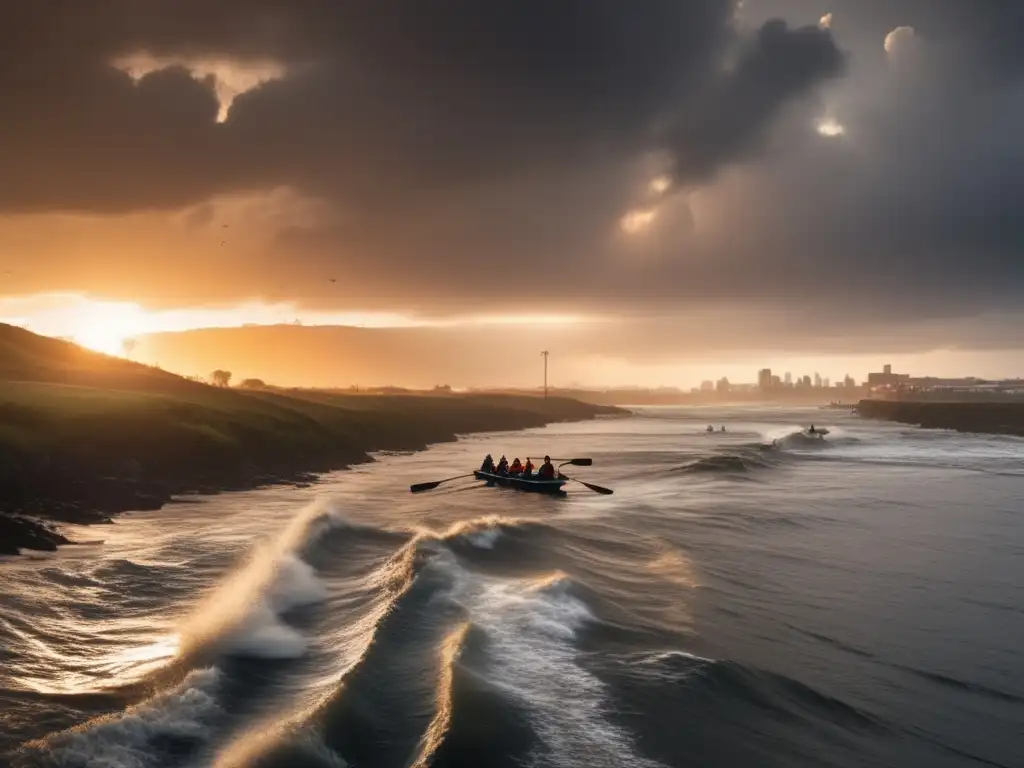 Wide, sweeping shot of coastline undergoing rapid flooding, with crashing waves engulfing the shore