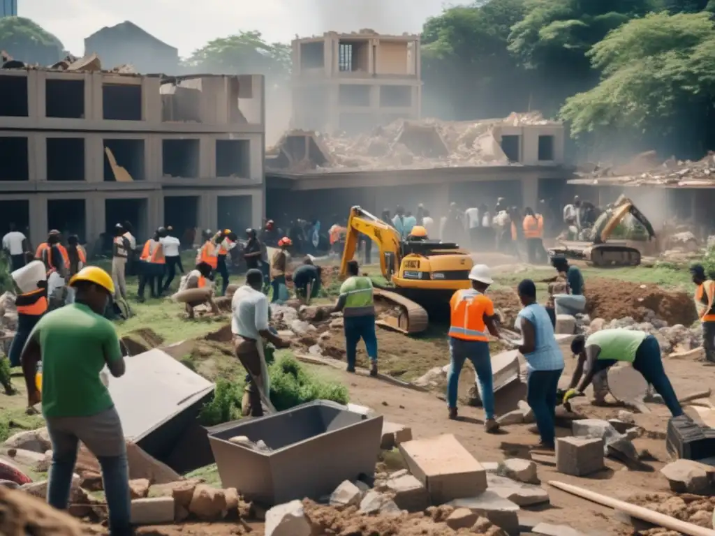 A Group Rebuilds a Destroyed Community
In a sunny, green outdoor setting, a group of people work tirelessly to rebuild a destroyed community