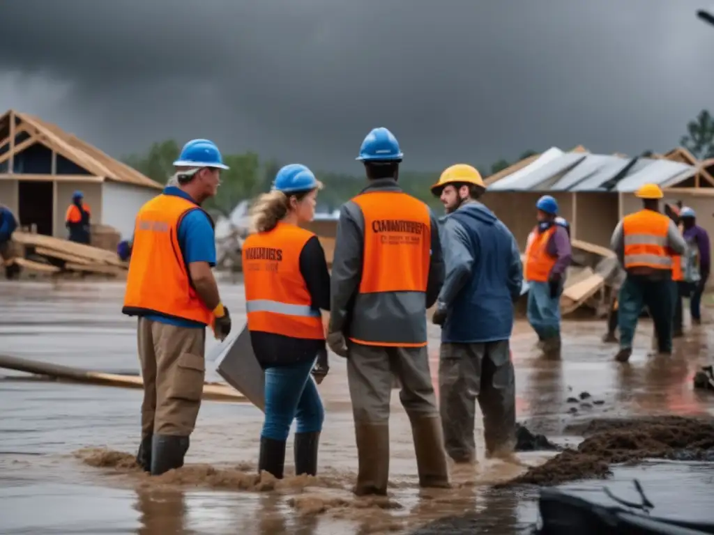 A stunning image of resilient volunteers tirelessly rebuilding a devastated community under a moody, rainy sky