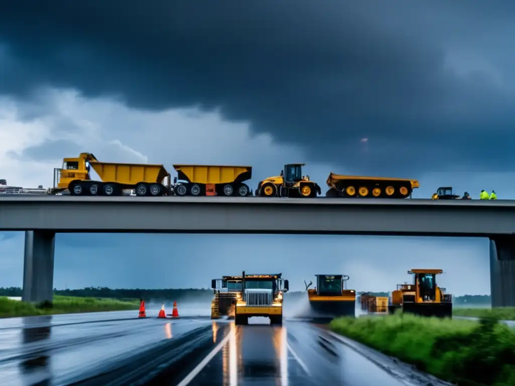 A cinematic close-up of a bridge under threat, with dark clouds looming in the sky and rain falling on the wet ground