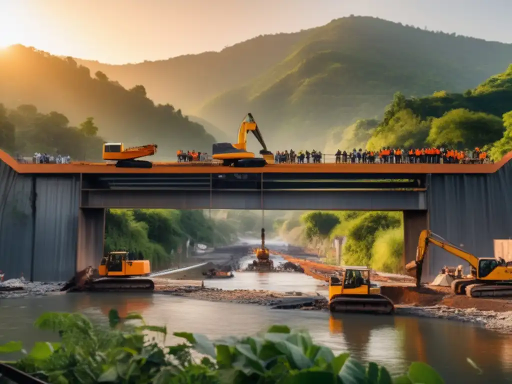 Hoping over hurdles: A cinematic image of a destroyed bridge being rebuilt with cranes, workers, and heavy machinery