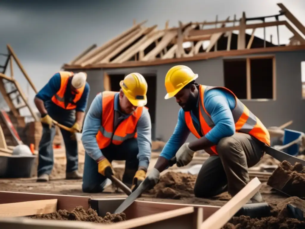 A group of dedicated contractors tirelessly rebuilds homes in a posthurricane devastated area, with a clear focus on their hands and tools