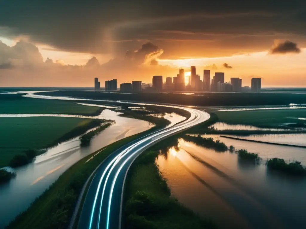 A cinematic shot of curved roads surrounding a flooded cityscape, symbolizing destruction and rebirth during hurricane recovery