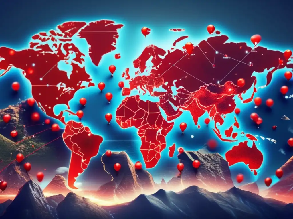 A cinematic view of the world, with red pinpoints scattered across the globe