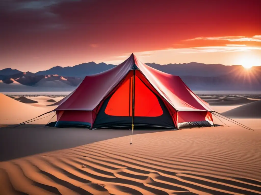 A sleek, modern and reflective survival tent amidst towering sand dunes in the desert