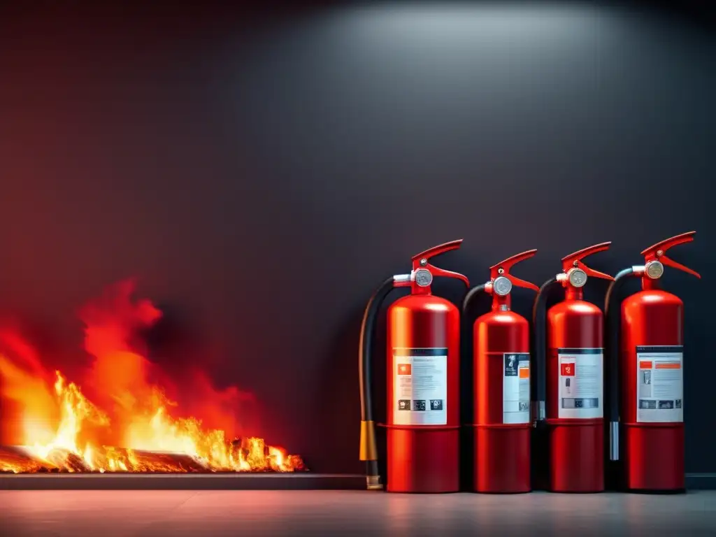 A haunting scene of red fire extinguishers glowing against a dark wall, each with flickering orange flames