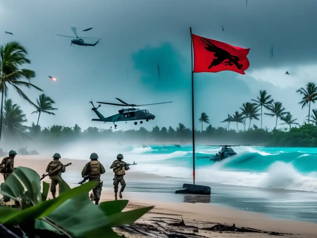 Amidst the turquoise blue waves and stormy sky, soldiers prepare for their mission to build a military base on a deserted island