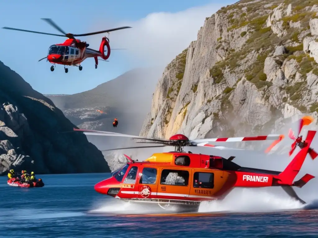 Red and orange helicopter, rugged hills, distressed boaters, and rescue personnel gather in a dramatic showdown in this poignant image