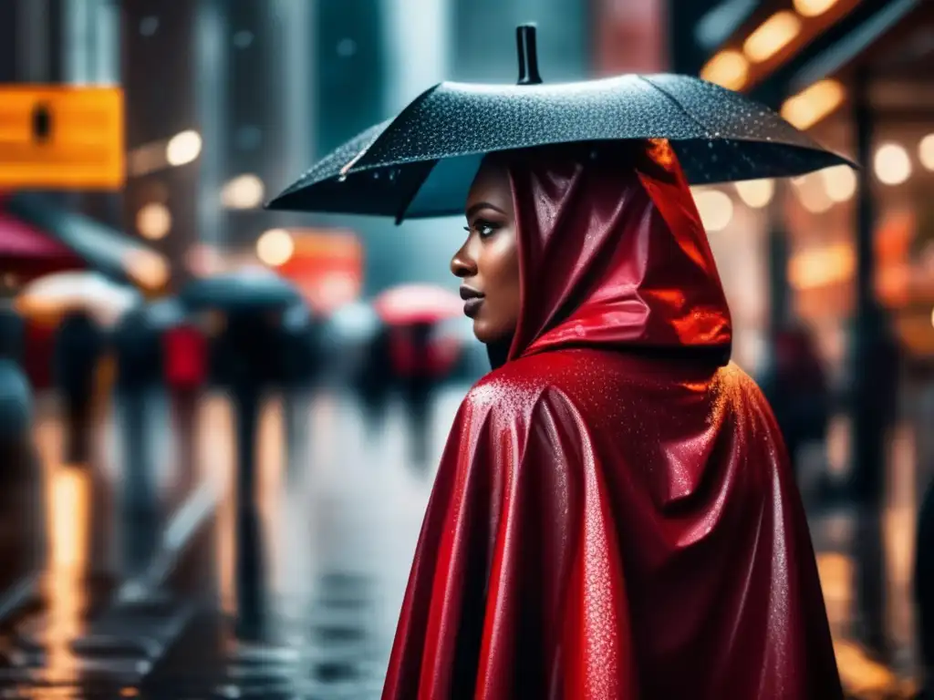 A rainy city streetscape shot of a hooded woman in a red poncho braving the downpour, arms wrapped tight around herself for warmth