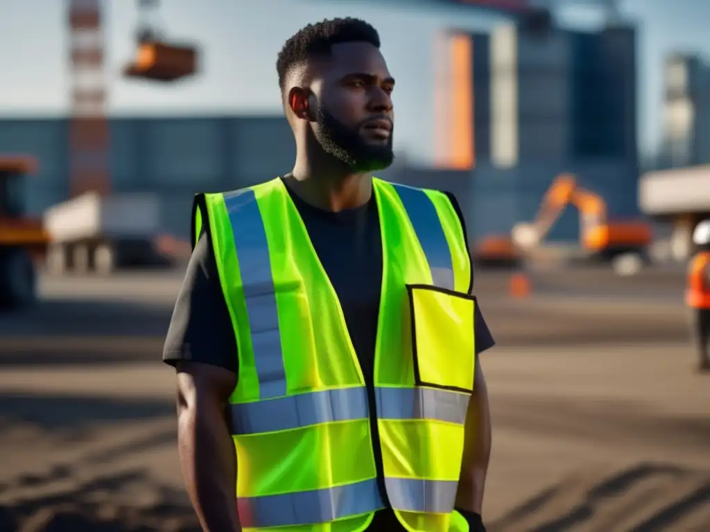 A construction worker models a safety vest in a full-frontal shot, with reflective stripes wrapping around the entire garment