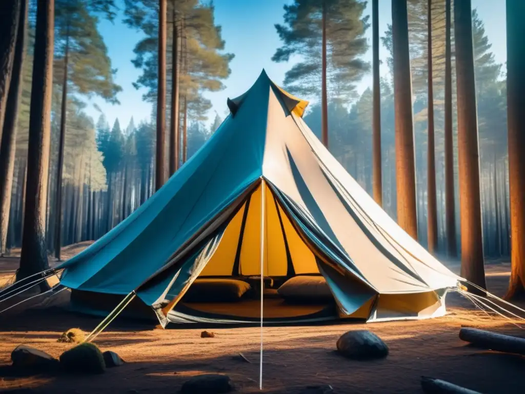 Reflective survival tent shines bright in serene forest, inspiring adventure as it glimmers in clear blue sky