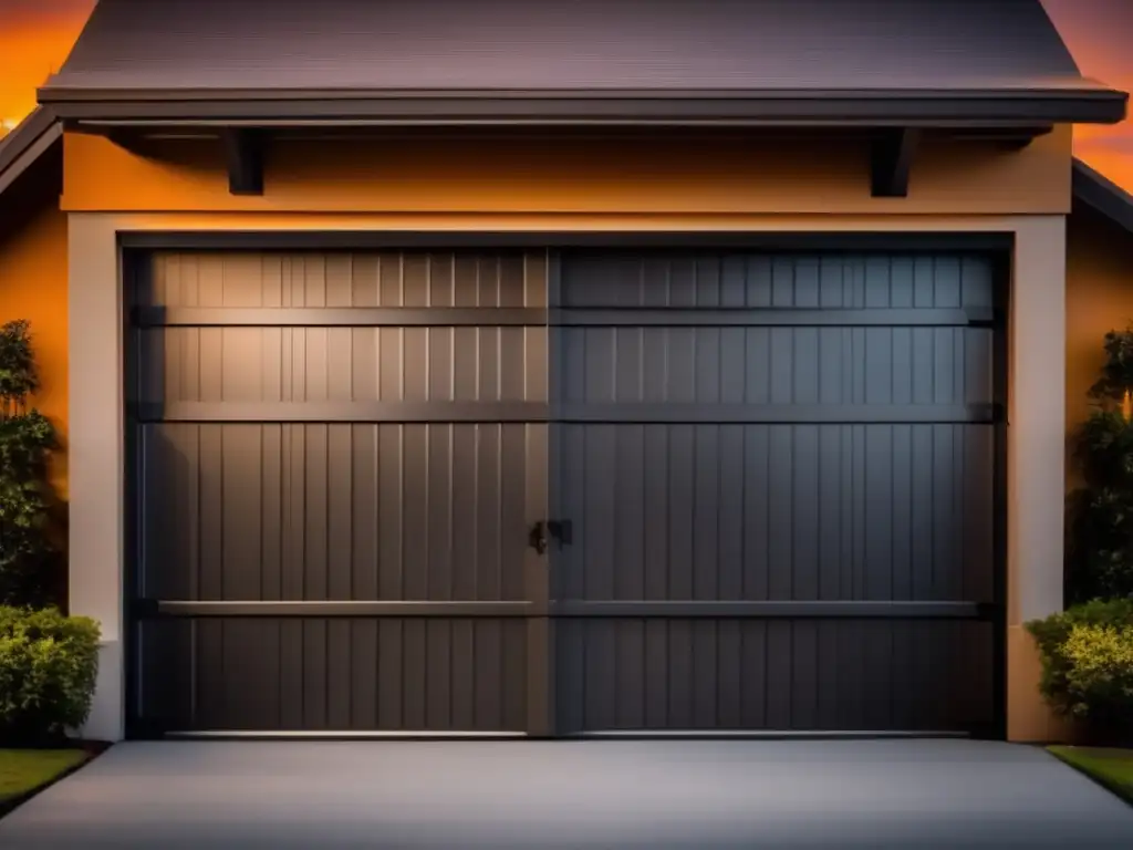 A fortified garage door, reinforced with thick steel panels, stands tall against a dramatic cinematic sunset, ready to resist the force of a hurricane