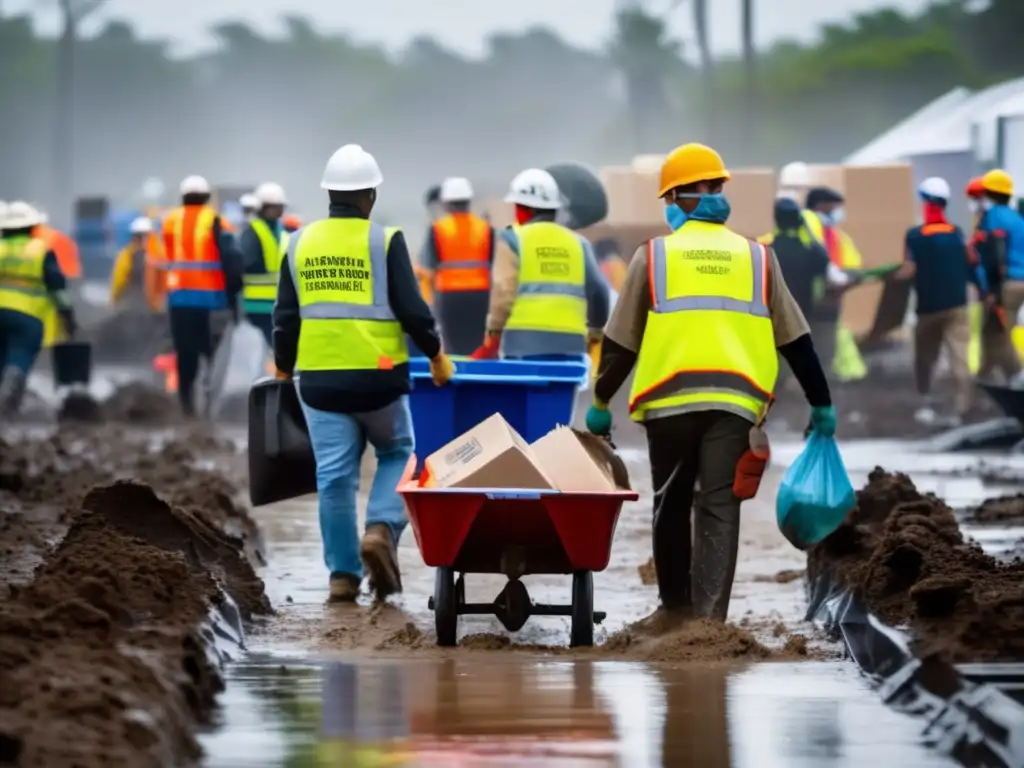 Volunteers tirelessly work in hurricane-ravaged area, wading through mud and debris, lifting heavy objects and distributing essential relief supplies