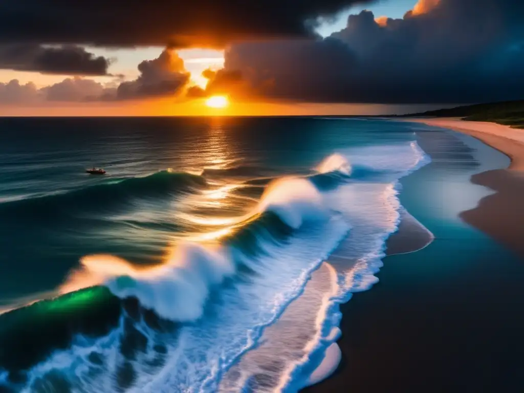 A breathtaking aerial view of a secluded island's crystal-clear waters, battered by towering waves during a hurricane