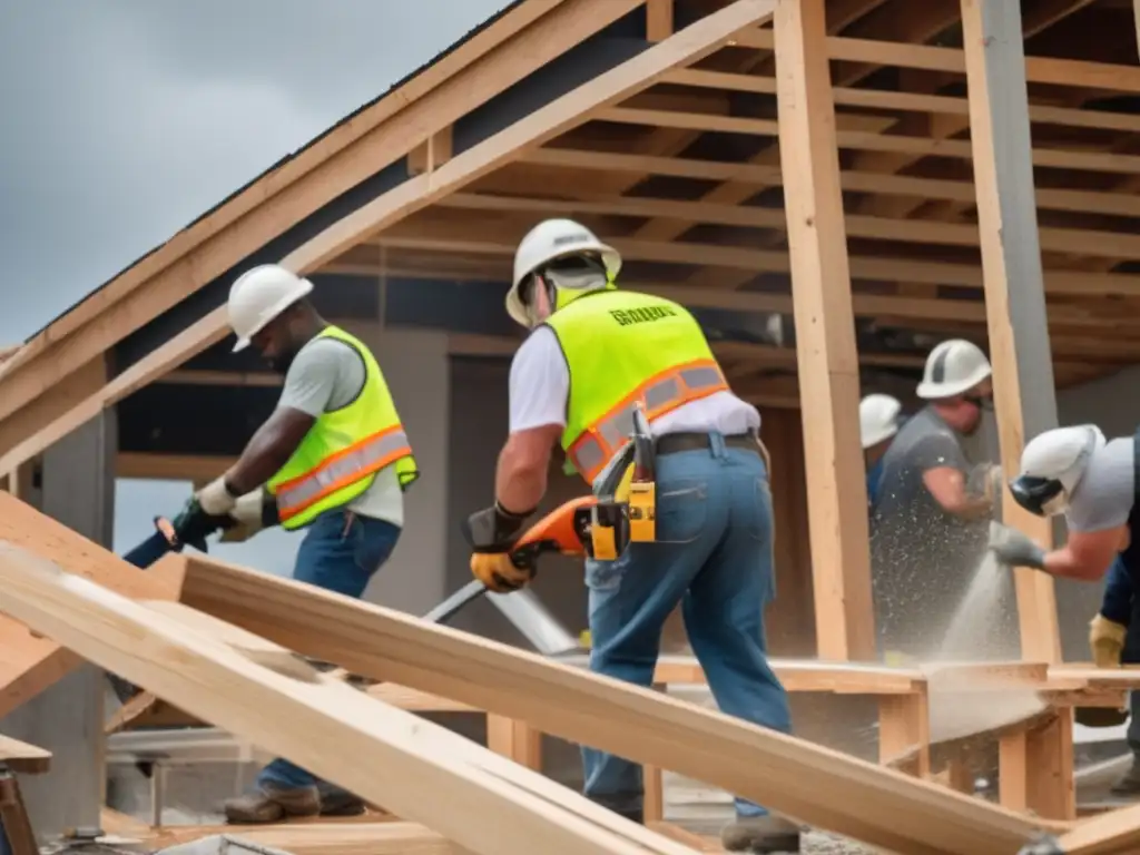 A group of contractors meticulously repair damage caused by a hurricane, working tirelessly to restore order