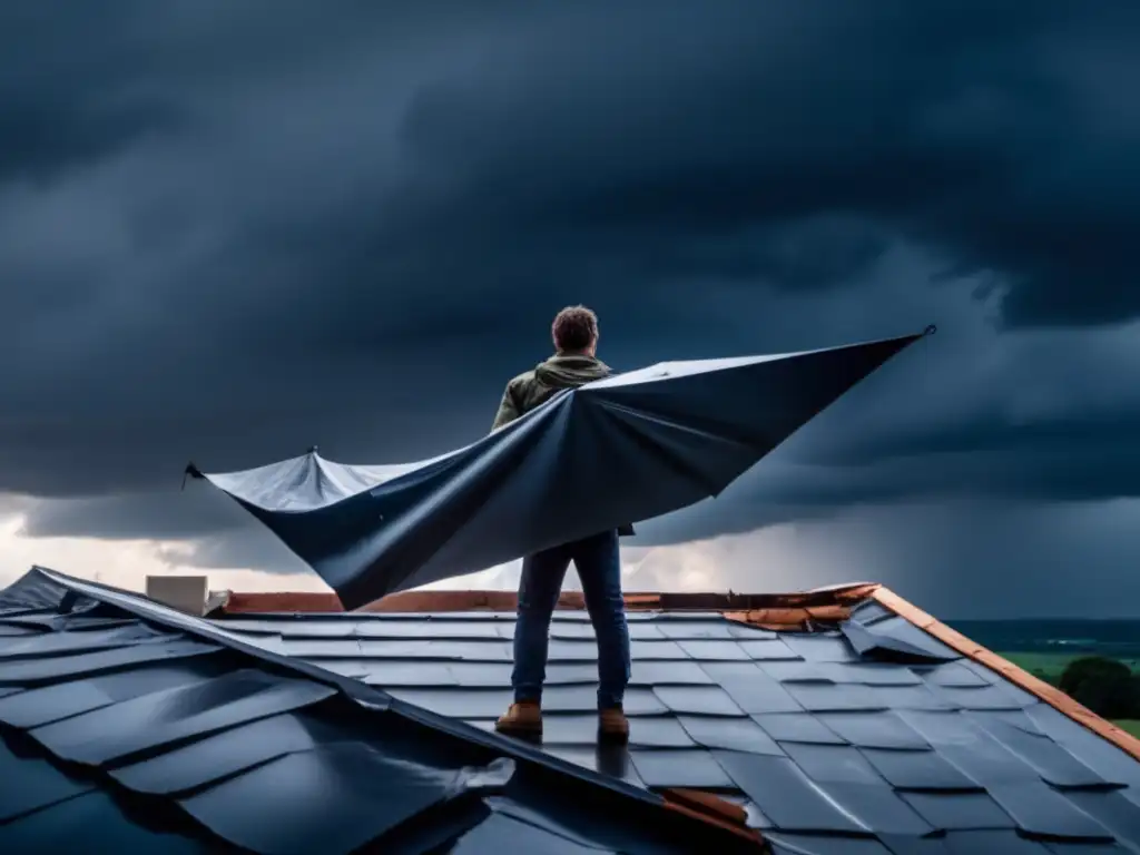 A lone figure braves the storm, standing resolute on a damaged rooftop, holding up a tarp with determination