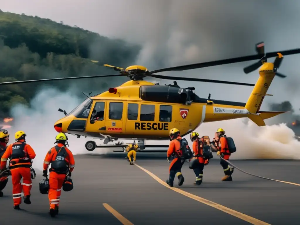 Rescue in motion: A helicopter touches down, teams scramble to board with bags, a disaster scene looms in the background