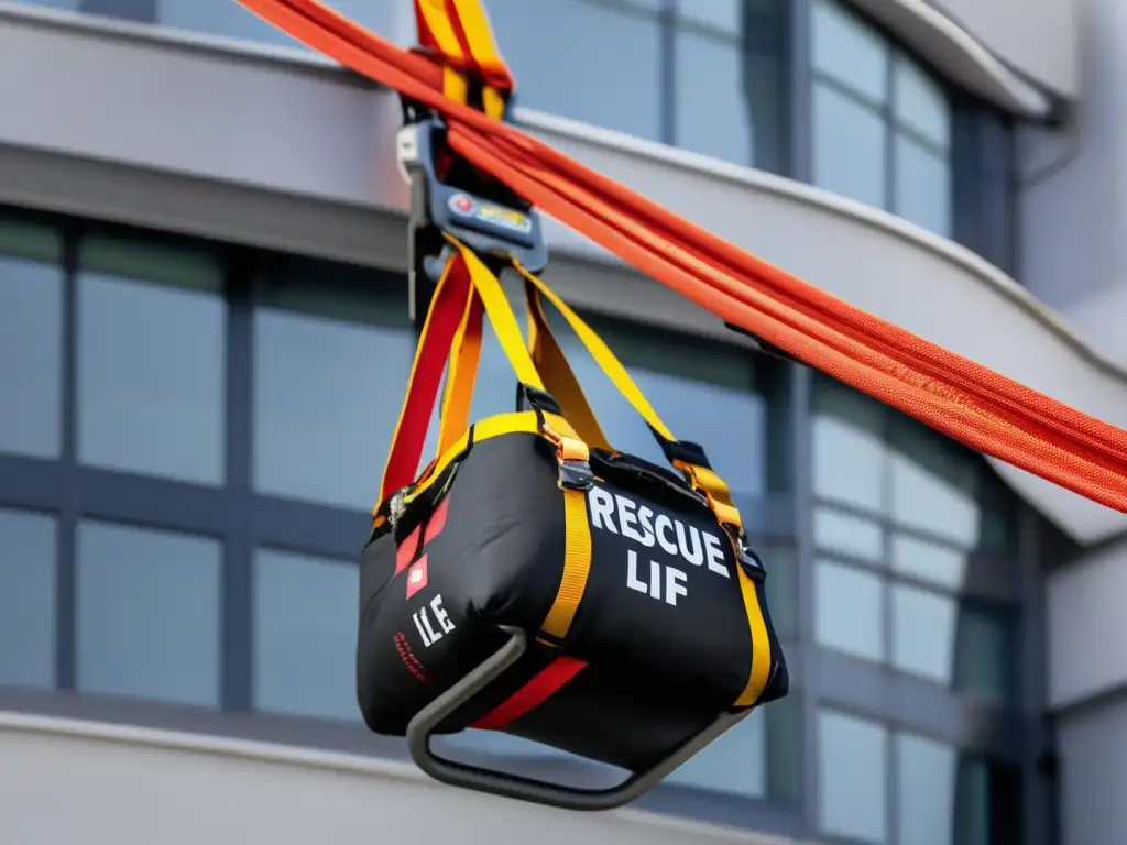 A rescue team member skillfully uses a life sling to save a person hanging from a high ledge