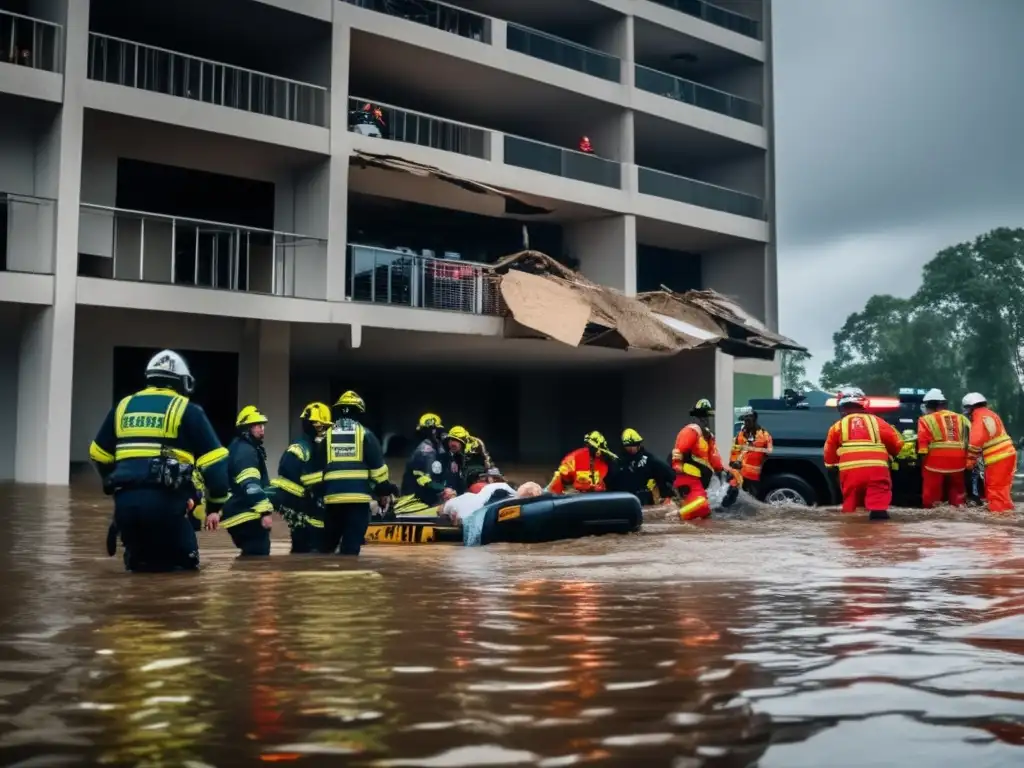 Emergency personnel risk it all to save a woman trapped in a flood-damaged building